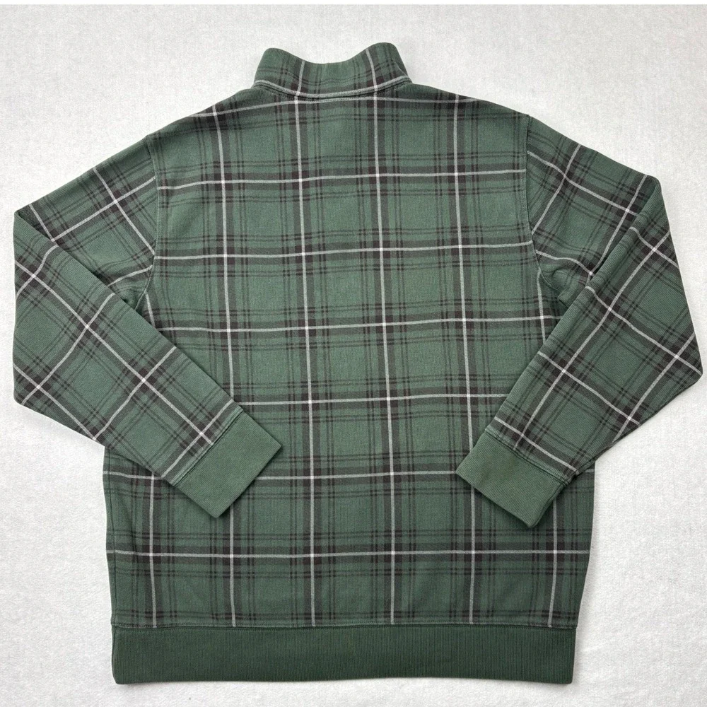 Lands End Quarter Zip Sweatshirt Mens XL Green Plaid Fleece Pullover Mock Neck